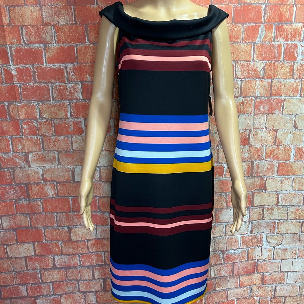 Belle Sky Off-The-Shoulder Striped Sheath Dress